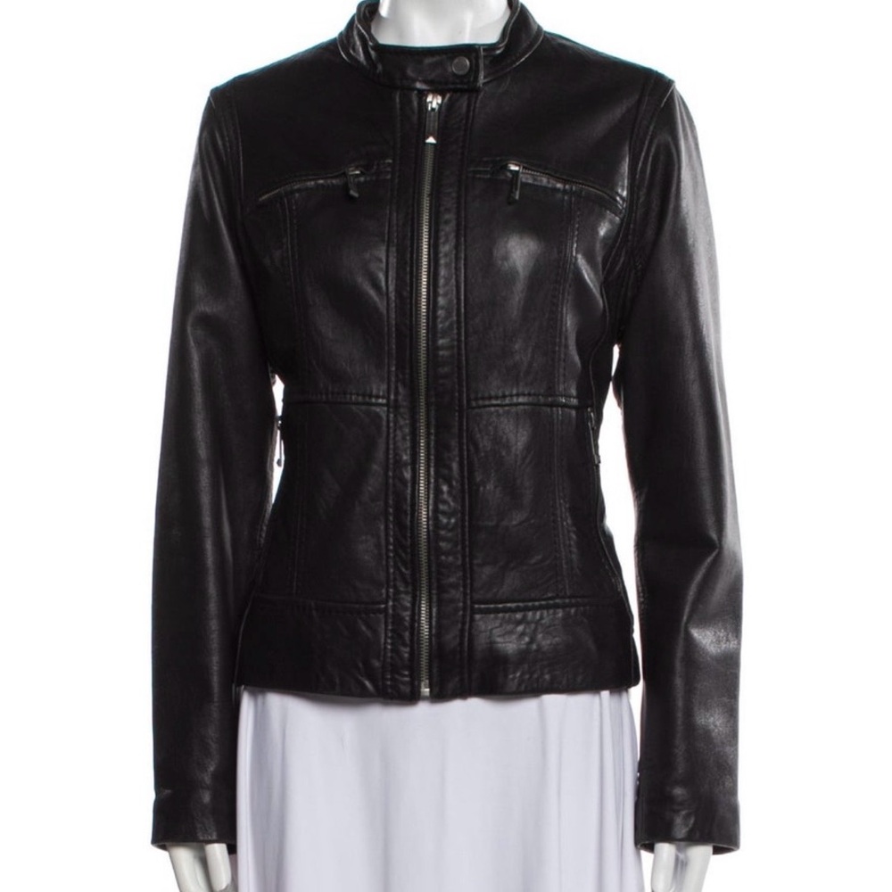 Michael Kors Black Genuine Leather Moto Jacket Stand Collar
